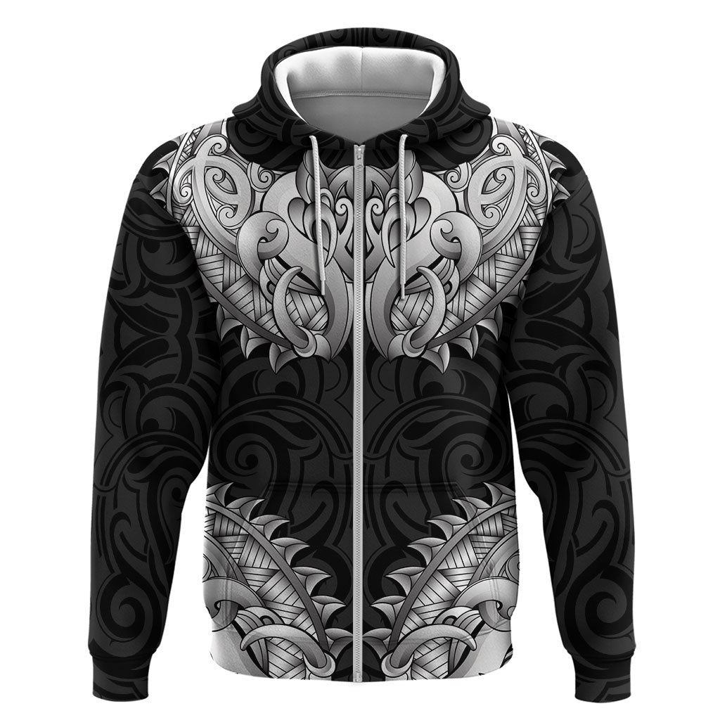 New Zealand Ta Moko Zip Hoodie Aotearoa Maori Chest Tattoo Black