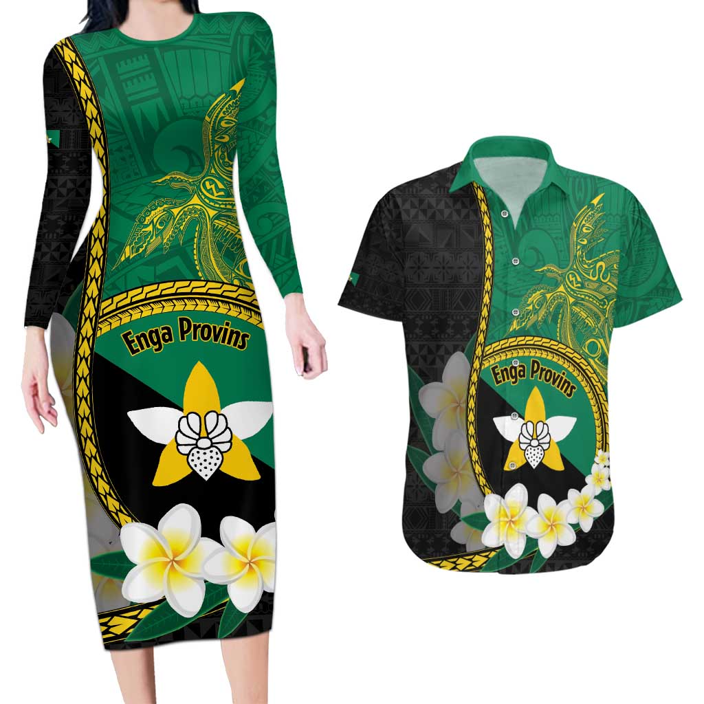 Personalised PNG Enga Provins Couples Matching Long Sleeve Bodycon Dress and Hawaiian Shirt Papua New Guinea Plumeria Melanesian Pattern LT14 Black - Polynesian Pride