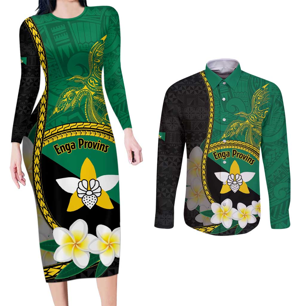 Personalised PNG Enga Provins Couples Matching Long Sleeve Bodycon Dress and Long Sleeve Button Shirt Papua New Guinea Plumeria Melanesian Pattern LT14 Black - Polynesian Pride