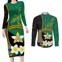 Personalised PNG Enga Provins Couples Matching Long Sleeve Bodycon Dress and Long Sleeve Button Shirt Papua New Guinea Plumeria Melanesian Pattern LT14 Black - Polynesian Pride