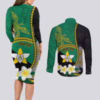 Personalised PNG Enga Provins Couples Matching Long Sleeve Bodycon Dress and Long Sleeve Button Shirt Papua New Guinea Plumeria Melanesian Pattern LT14 - Polynesian Pride