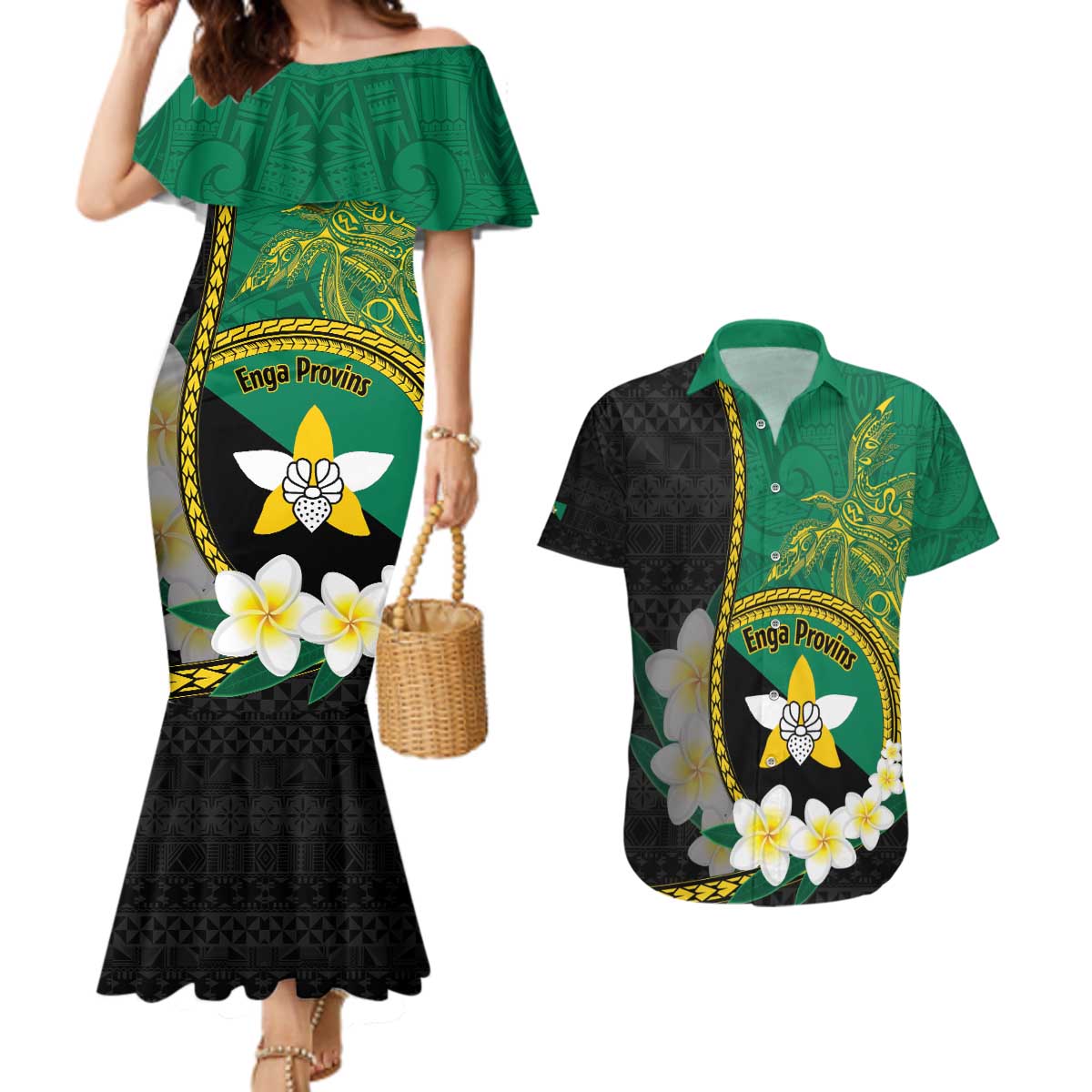Personalised PNG Enga Provins Couples Matching Mermaid Dress and Hawaiian Shirt Papua New Guinea Plumeria Melanesian Pattern LT14 Black - Polynesian Pride