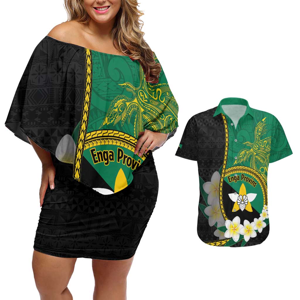 Personalised PNG Enga Provins Couples Matching Off Shoulder Short Dress and Hawaiian Shirt Papua New Guinea Plumeria Melanesian Pattern LT14 Black - Polynesian Pride