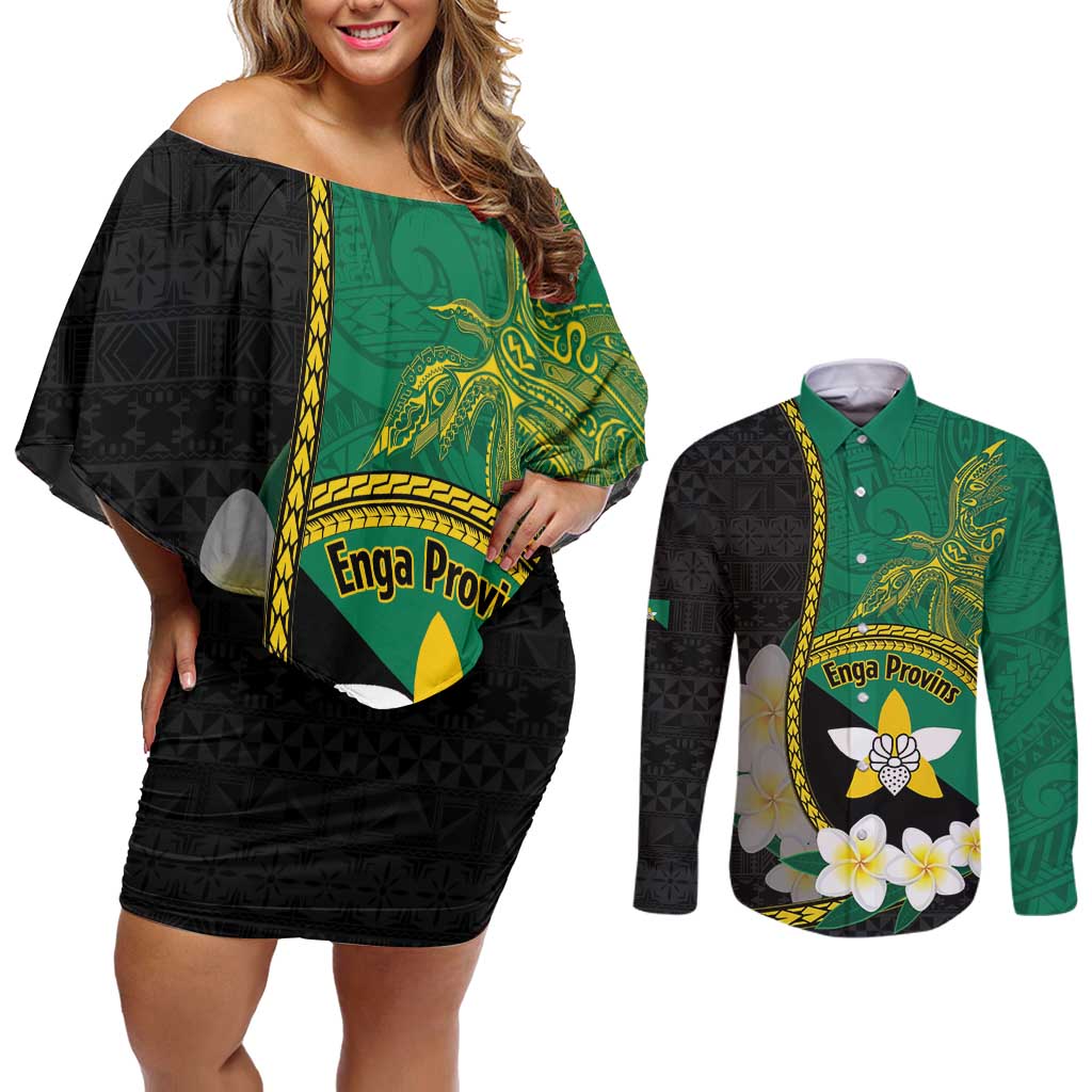 Personalised PNG Enga Provins Couples Matching Off Shoulder Short Dress and Long Sleeve Button Shirt Papua New Guinea Plumeria Melanesian Pattern - Polynesian Pride