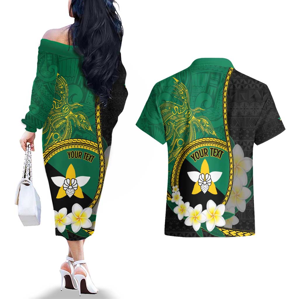 Personalised PNG Enga Provins Couples Matching Off The Shoulder Long Sleeve Dress and Hawaiian Shirt Papua New Guinea Plumeria Melanesian Pattern LT14 - Polynesian Pride