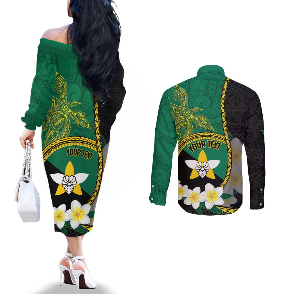 Personalised PNG Enga Provins Couples Matching Off The Shoulder Long Sleeve Dress and Long Sleeve Button Shirt Papua New Guinea Plumeria Melanesian Pattern LT14 - Polynesian Pride