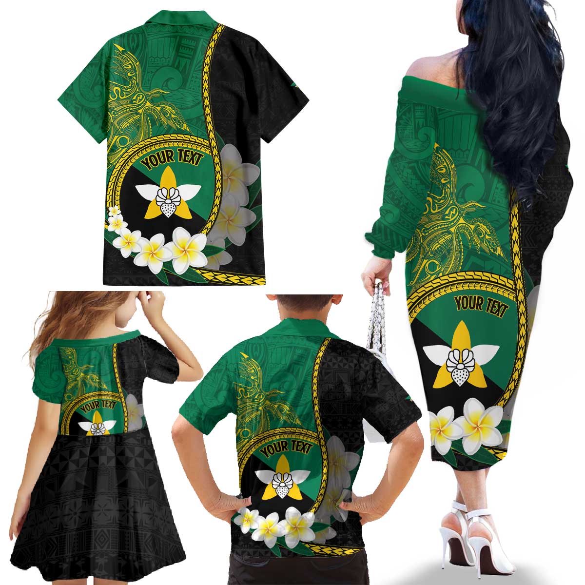 Personalised PNG Enga Provins Family Matching Off The Shoulder Long Sleeve Dress and Hawaiian Shirt Papua New Guinea Plumeria Melanesian Pattern LT14 - Polynesian Pride