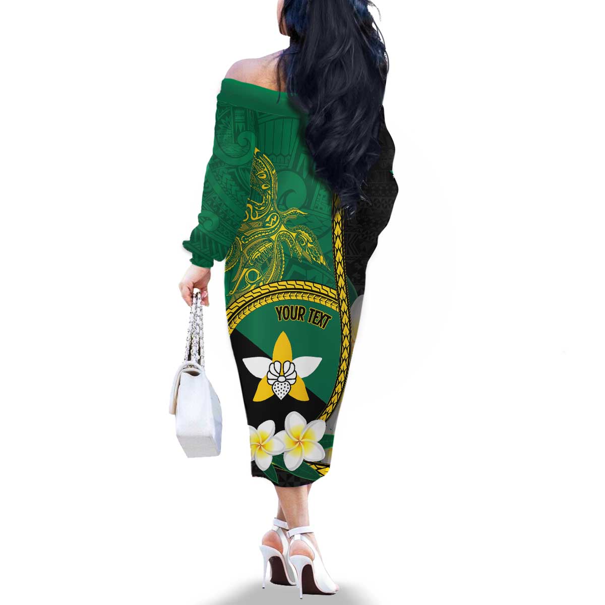 Personalised PNG Enga Provins Family Matching Off The Shoulder Long Sleeve Dress and Hawaiian Shirt Papua New Guinea Plumeria Melanesian Pattern LT14 - Polynesian Pride