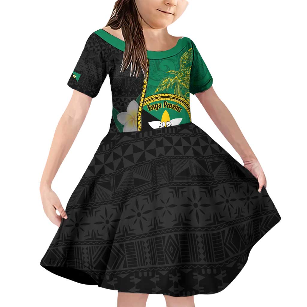 Personalised PNG Enga Provins Family Matching Off Shoulder Short Dress and Hawaiian Shirt Papua New Guinea Plumeria Melanesian Pattern LT14 Daughter's Dress Black - Polynesian Pride