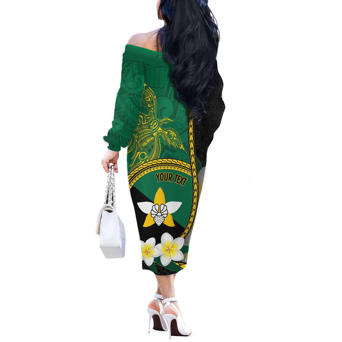 Personalised PNG Enga Provins Off The Shoulder Long Sleeve Dress Papua New Guinea Plumeria Melanesian Pattern - Polynesian Pride