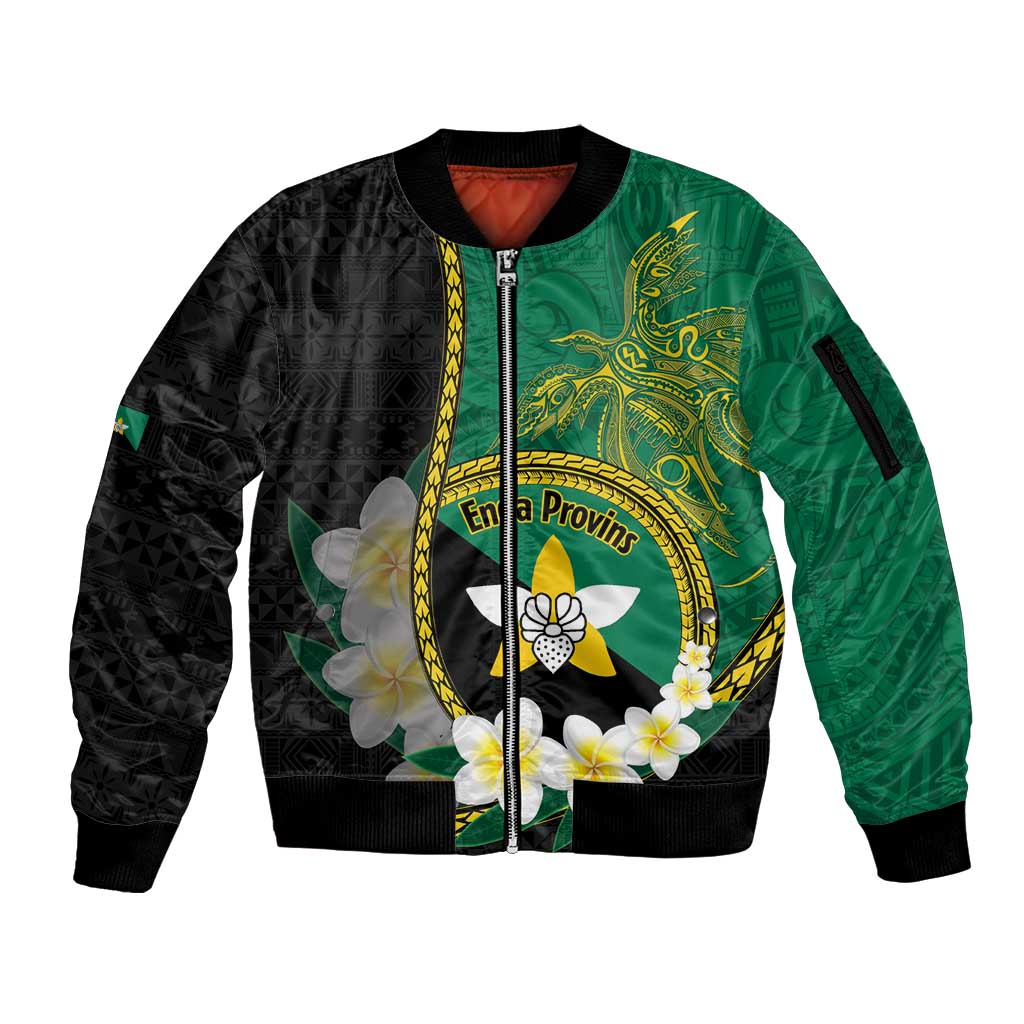 Personalised PNG Enga Provins Sleeve Zip Bomber Jacket Papua New Guinea Plumeria Melanesian Pattern LT14 Unisex Black - Polynesian Pride