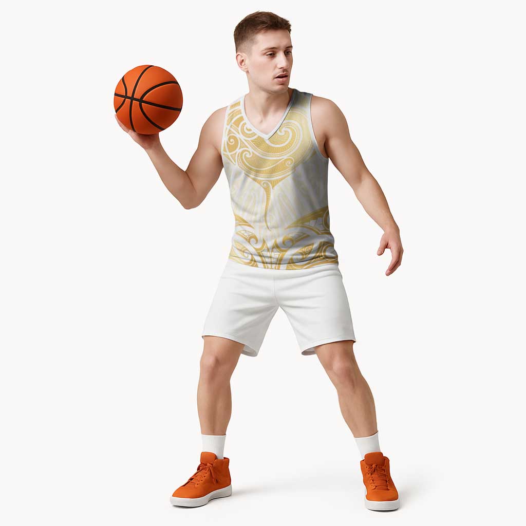 Gold White New Zealand Manta Ray Basketball Jersey Aotearoa Maori Haehae - Polynesian Pride