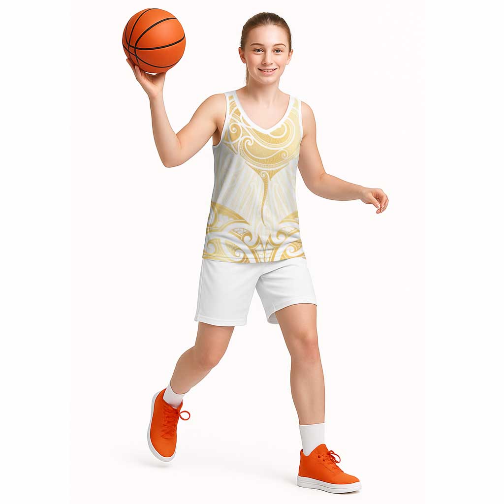 Gold White New Zealand Manta Ray Basketball Jersey Aotearoa Maori Haehae - Polynesian Pride
