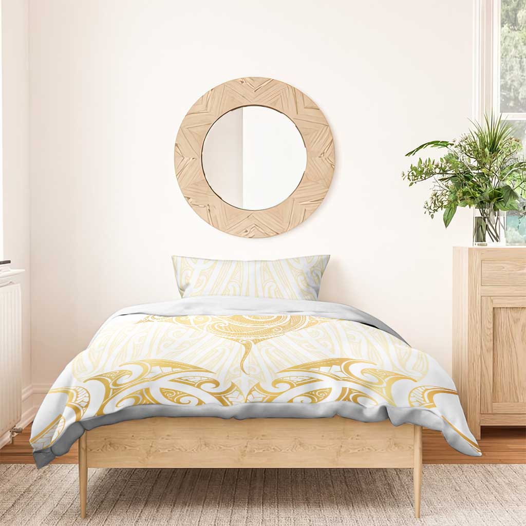 Gold White New Zealand Manta Ray Bedding Set Aotearoa Maori Haehae - Polynesian Pride