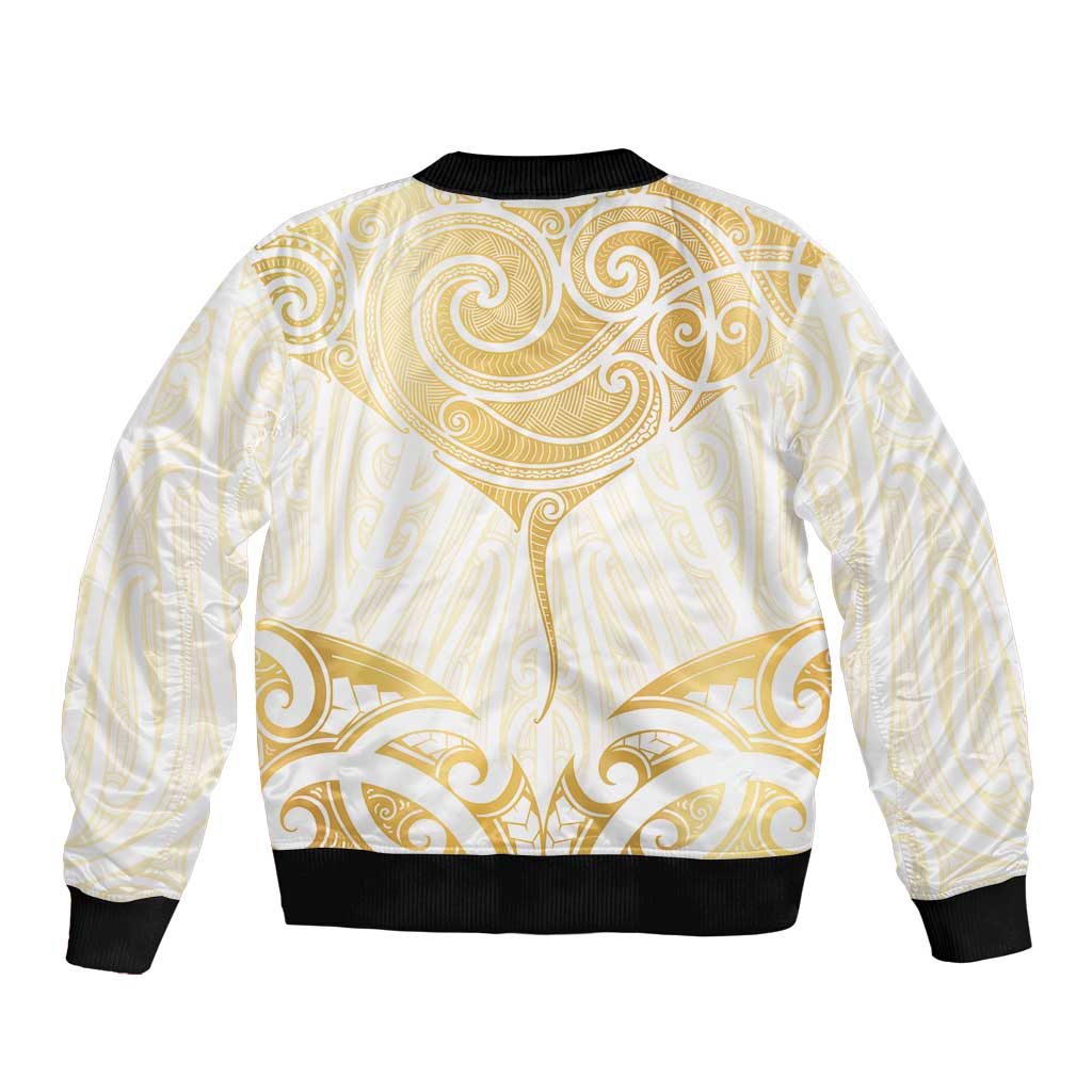 Gold White New Zealand Manta Ray Bomber Jacket Aotearoa Maori Haehae LT14 - Polynesian Pride