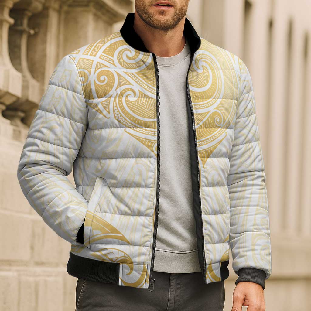 Gold White New Zealand Manta Ray Bomber Puffer Jacket Aotearoa Maori Haehae - Polynesian Pride