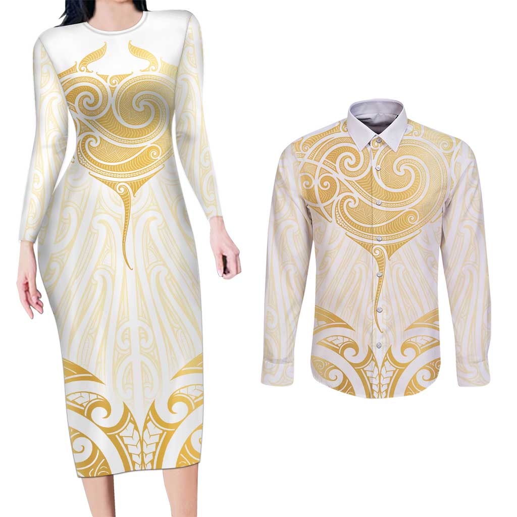 Gold White New Zealand Manta Ray Couples Matching Long Sleeve Bodycon Dress and Long Sleeve Button Shirt Aotearoa Maori Haehae LT14 White - Polynesian Pride