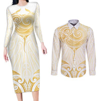 Gold White New Zealand Manta Ray Couples Matching Long Sleeve Bodycon Dress and Long Sleeve Button Shirt Aotearoa Maori Haehae LT14 White - Polynesian Pride