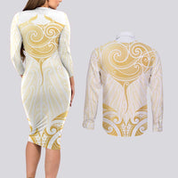 Gold White New Zealand Manta Ray Couples Matching Long Sleeve Bodycon Dress and Long Sleeve Button Shirt Aotearoa Maori Haehae LT14 - Polynesian Pride
