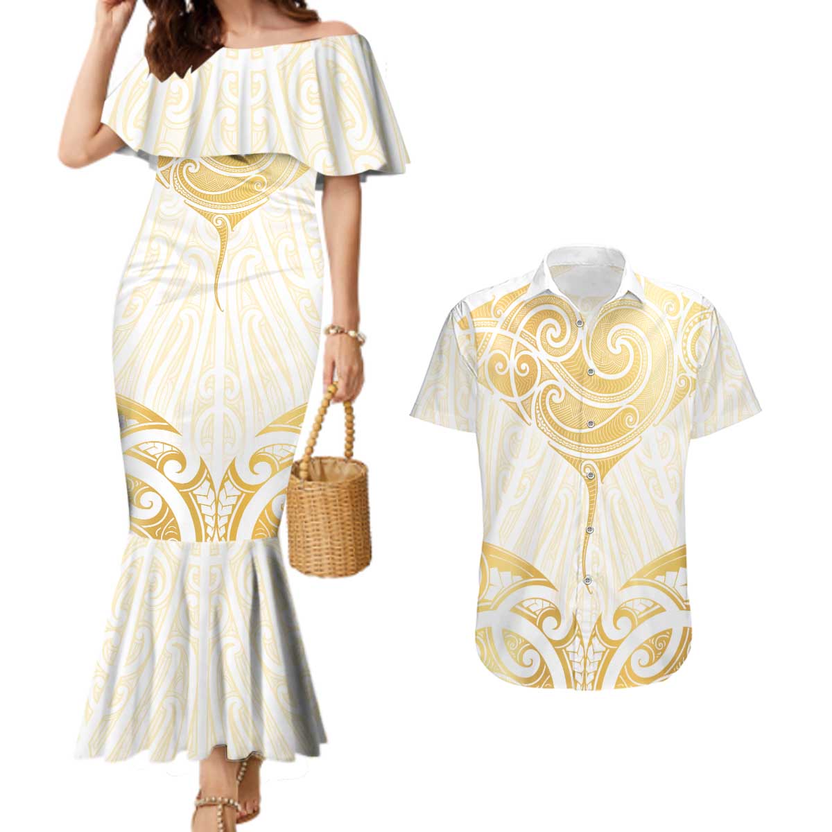 Gold White New Zealand Manta Ray Couples Matching Mermaid Dress and Hawaiian Shirt Aotearoa Maori Haehae LT14 White - Polynesian Pride