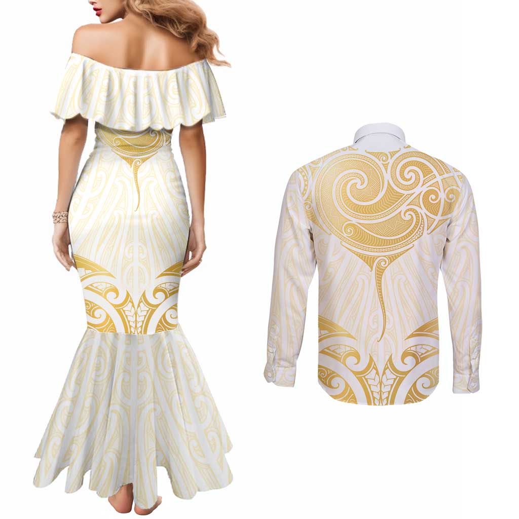 Gold White New Zealand Manta Ray Couples Matching Mermaid Dress and Long Sleeve Button Shirt Aotearoa Maori Haehae LT14 - Polynesian Pride