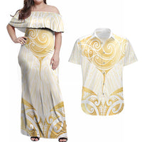 Gold White New Zealand Manta Ray Couples Matching Off Shoulder Maxi Dress and Hawaiian Shirt Aotearoa Maori Haehae LT14 White - Polynesian Pride