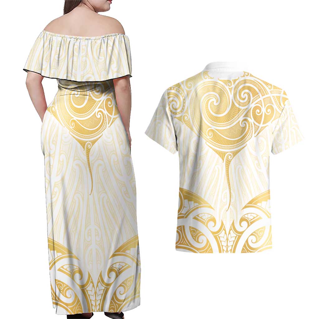 Gold White New Zealand Manta Ray Couples Matching Off Shoulder Maxi Dress and Hawaiian Shirt Aotearoa Maori Haehae LT14 - Polynesian Pride