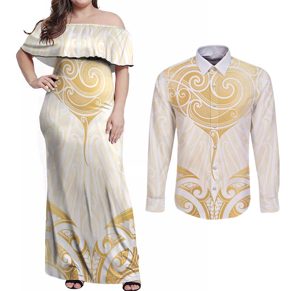 Gold White New Zealand Manta Ray Couples Matching Off Shoulder Maxi Dress and Long Sleeve Button Shirt Aotearoa Maori Haehae LT14 White - Polynesian Pride