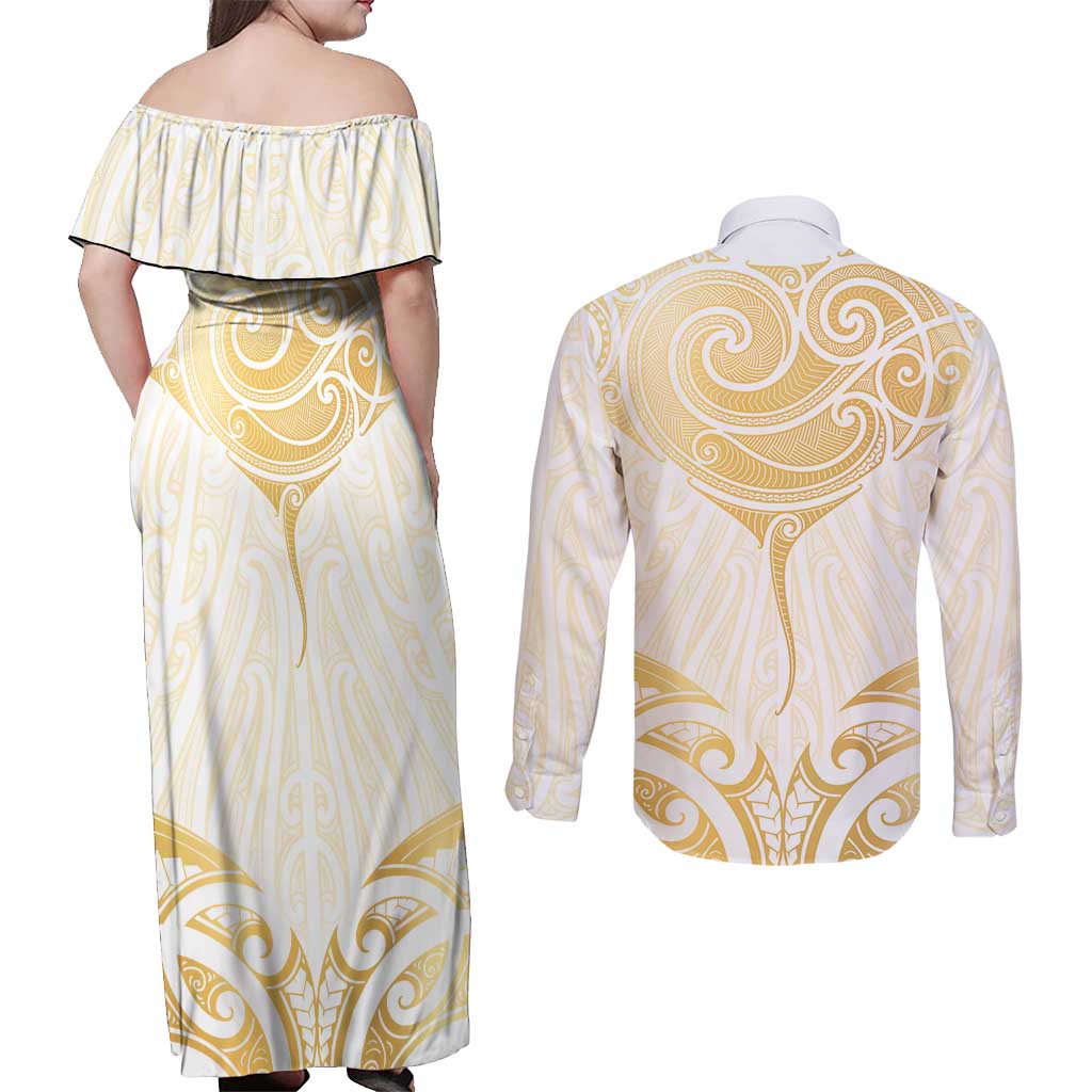 Gold White New Zealand Manta Ray Couples Matching Off Shoulder Maxi Dress and Long Sleeve Button Shirt Aotearoa Maori Haehae LT14 - Polynesian Pride