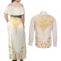 Gold White New Zealand Manta Ray Couples Matching Off Shoulder Maxi Dress and Long Sleeve Button Shirt Aotearoa Maori Haehae LT14 - Polynesian Pride