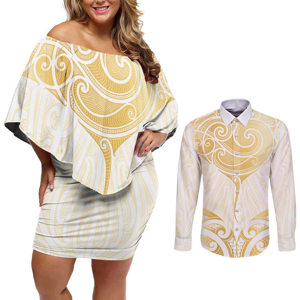 Gold White New Zealand Manta Ray Couples Matching Off Shoulder Short Dress and Long Sleeve Button Shirt Aotearoa Maori Haehae LT14 White - Polynesian Pride