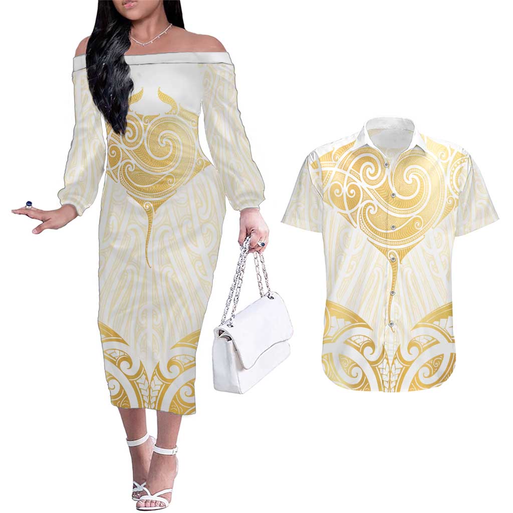 Gold White New Zealand Manta Ray Couples Matching Off The Shoulder Long Sleeve Dress and Hawaiian Shirt Aotearoa Maori Haehae LT14 White - Polynesian Pride