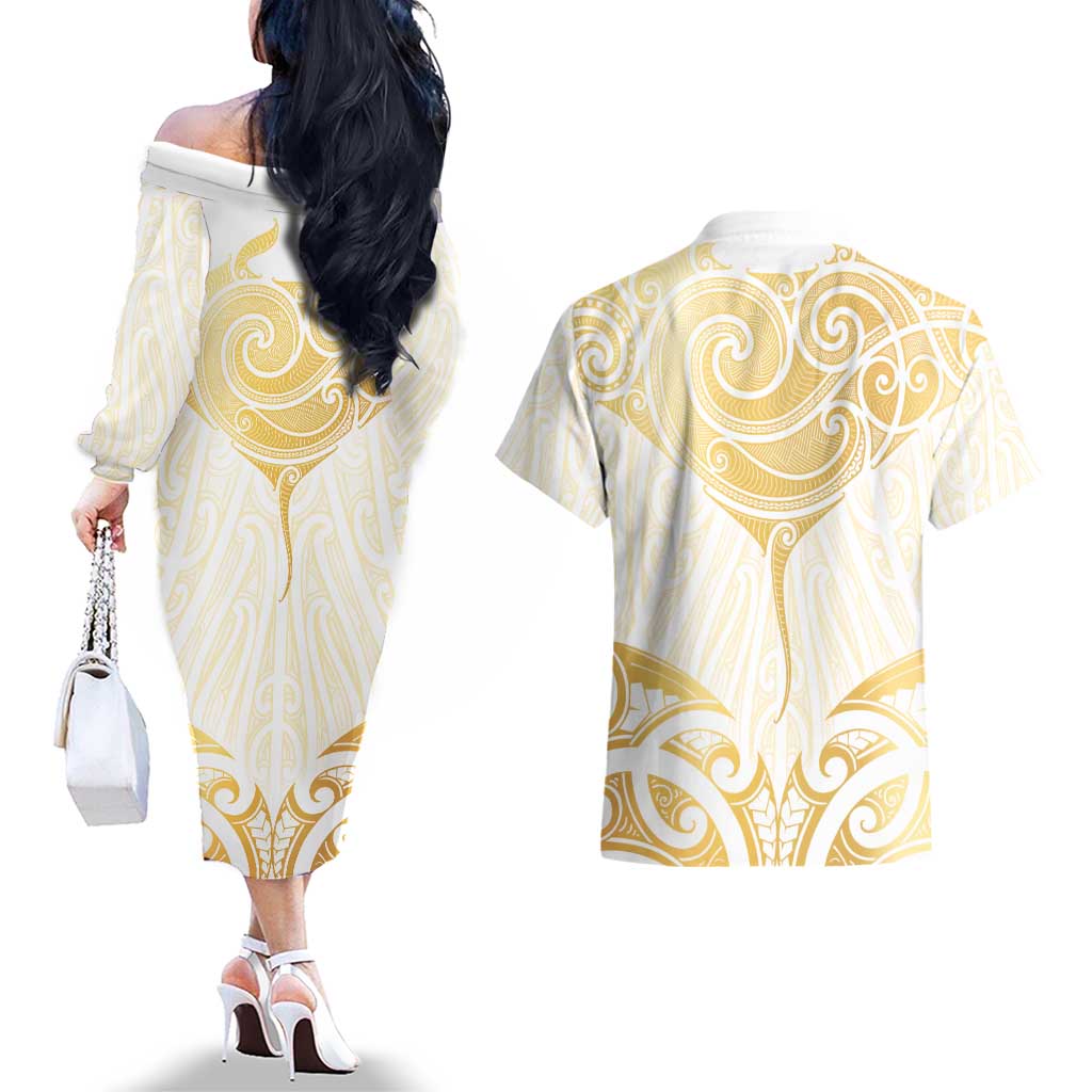 Gold White New Zealand Manta Ray Couples Matching Off The Shoulder Long Sleeve Dress and Hawaiian Shirt Aotearoa Maori Haehae LT14 - Polynesian Pride