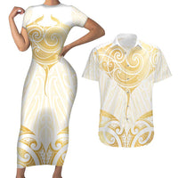Gold White New Zealand Manta Ray Couples Matching Short Sleeve Bodycon Dress and Hawaiian Shirt Aotearoa Maori Haehae LT14 White - Polynesian Pride