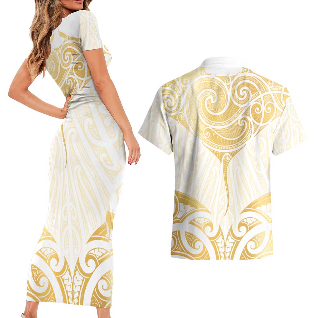 Gold White New Zealand Manta Ray Couples Matching Short Sleeve Bodycon Dress and Hawaiian Shirt Aotearoa Maori Haehae LT14 - Polynesian Pride