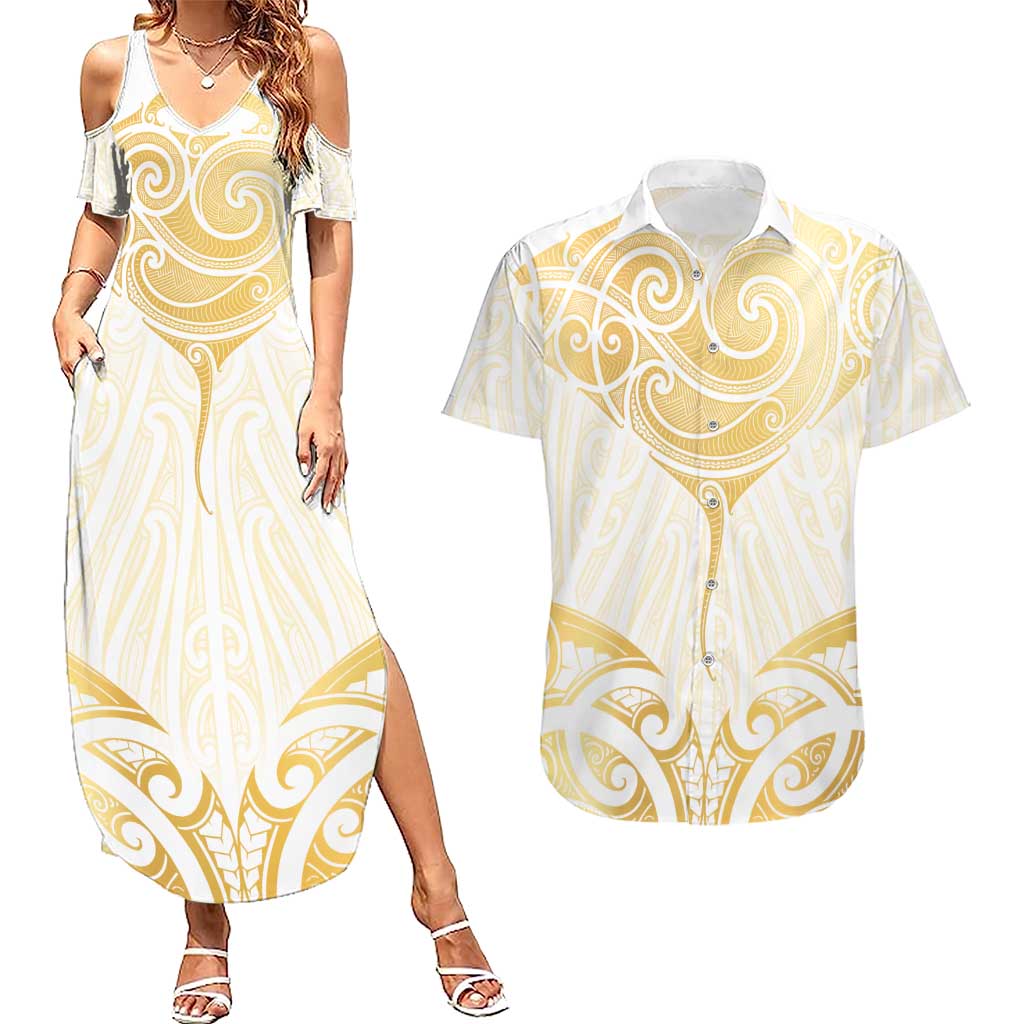 Gold White New Zealand Manta Ray Couples Matching Summer Maxi Dress and Hawaiian Shirt Aotearoa Maori Haehae LT14 White - Polynesian Pride