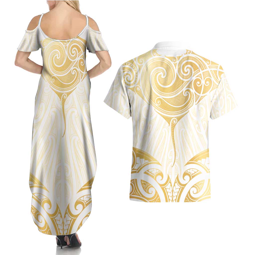 Gold White New Zealand Manta Ray Couples Matching Summer Maxi Dress and Hawaiian Shirt Aotearoa Maori Haehae LT14 - Polynesian Pride