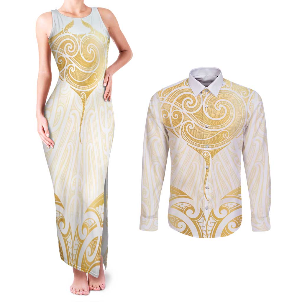 Gold White New Zealand Manta Ray Couples Matching Tank Maxi Dress and Long Sleeve Button Shirt Aotearoa Maori Haehae LT14 White - Polynesian Pride