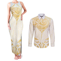 Gold White New Zealand Manta Ray Couples Matching Tank Maxi Dress and Long Sleeve Button Shirt Aotearoa Maori Haehae LT14 White - Polynesian Pride