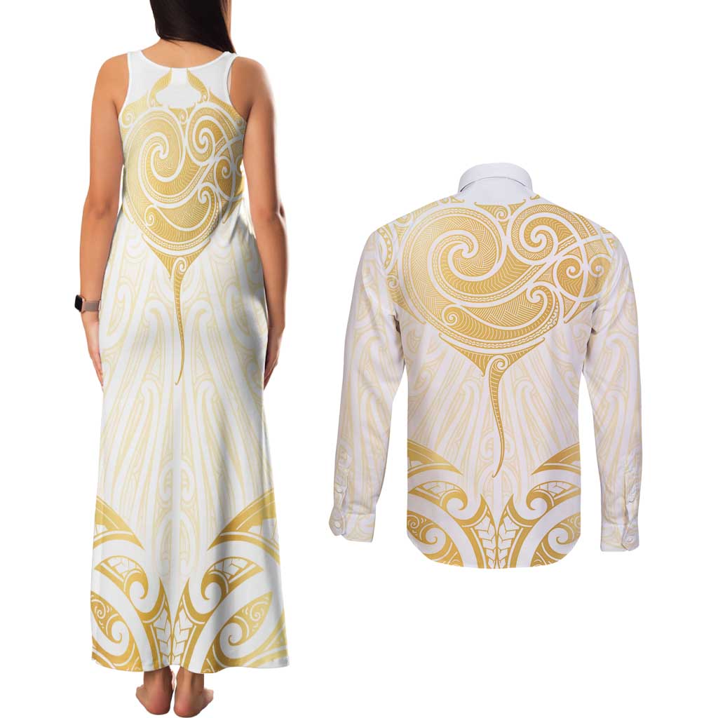 Gold White New Zealand Manta Ray Couples Matching Tank Maxi Dress and Long Sleeve Button Shirt Aotearoa Maori Haehae LT14 - Polynesian Pride