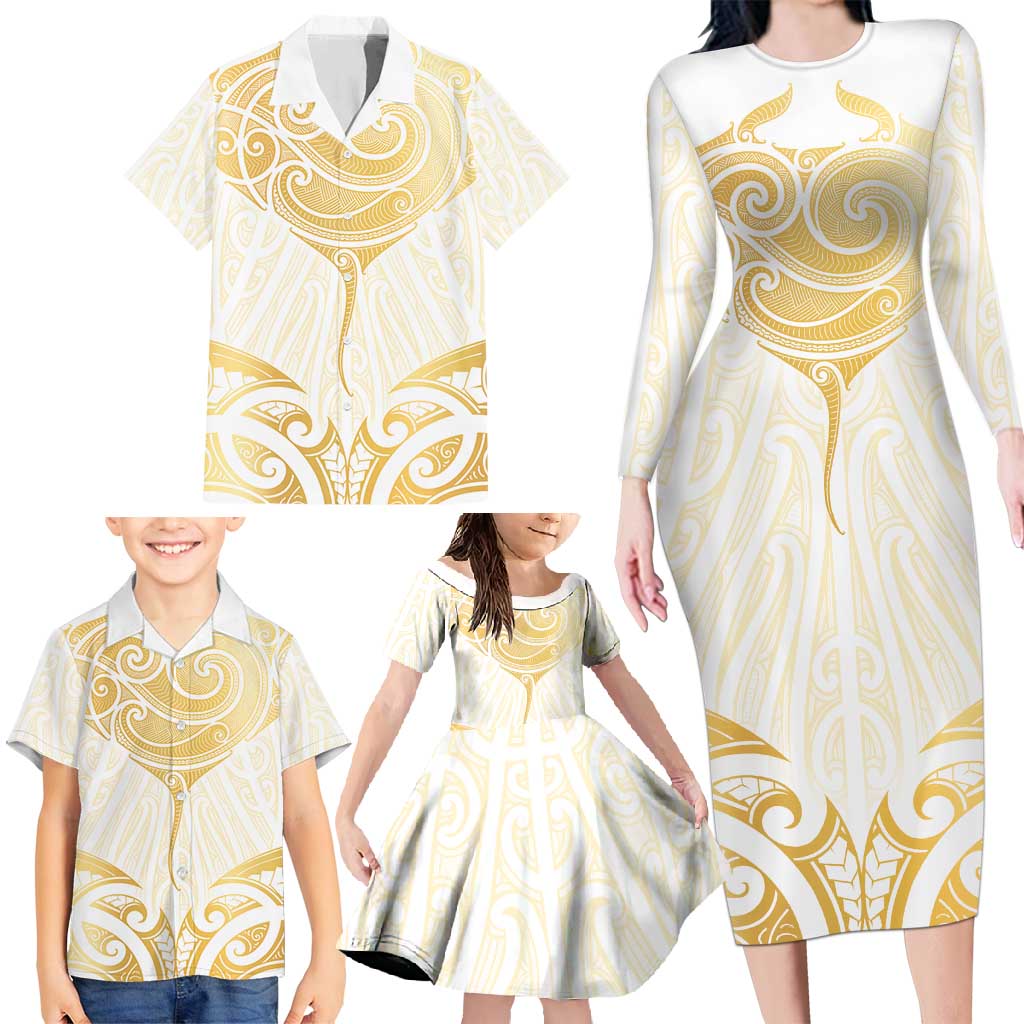 Gold White New Zealand Manta Ray Family Matching Long Sleeve Bodycon Dress and Hawaiian Shirt Aotearoa Maori Haehae LT14 - Polynesian Pride
