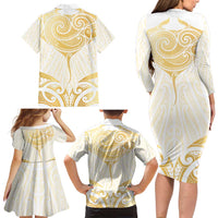 Gold White New Zealand Manta Ray Family Matching Long Sleeve Bodycon Dress and Hawaiian Shirt Aotearoa Maori Haehae LT14 - Polynesian Pride