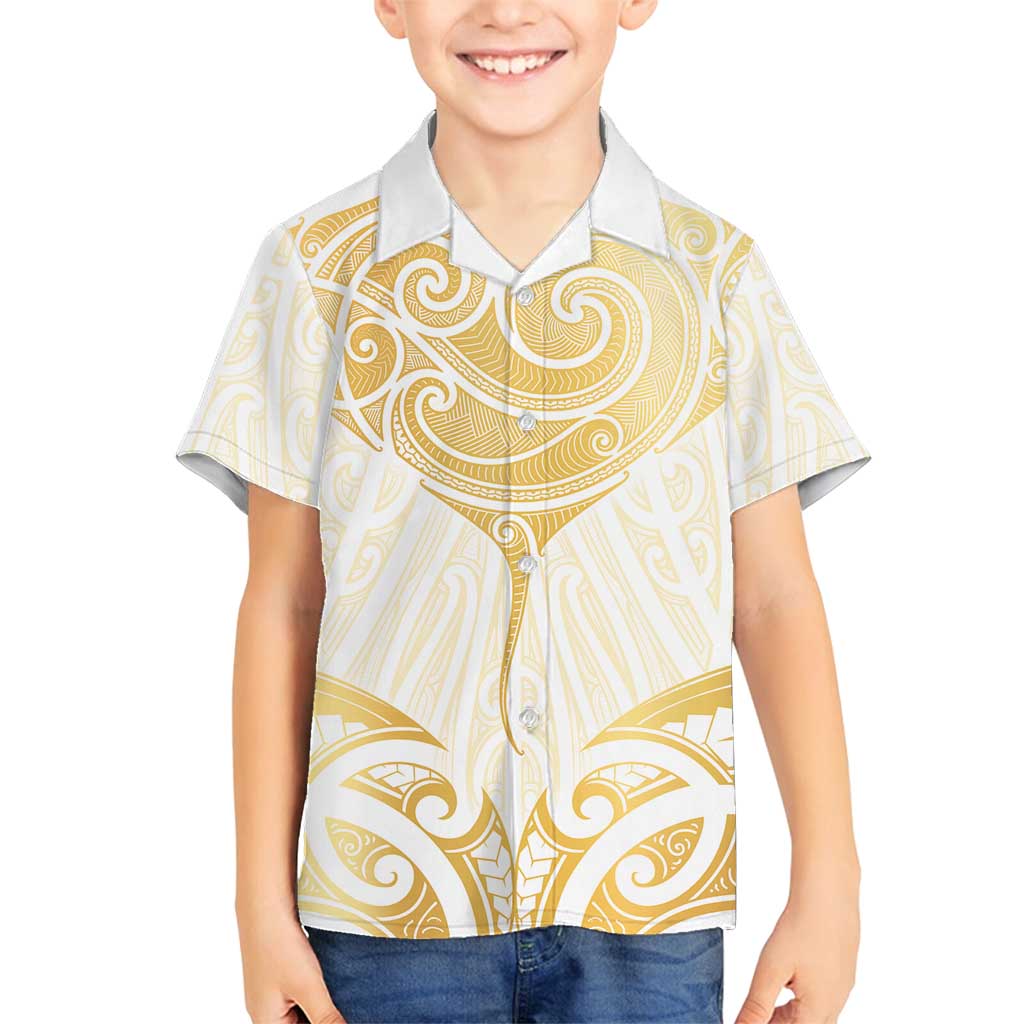 Gold White New Zealand Manta Ray Family Matching Long Sleeve Bodycon Dress and Hawaiian Shirt Aotearoa Maori Haehae LT14 Son's Shirt White - Polynesian Pride