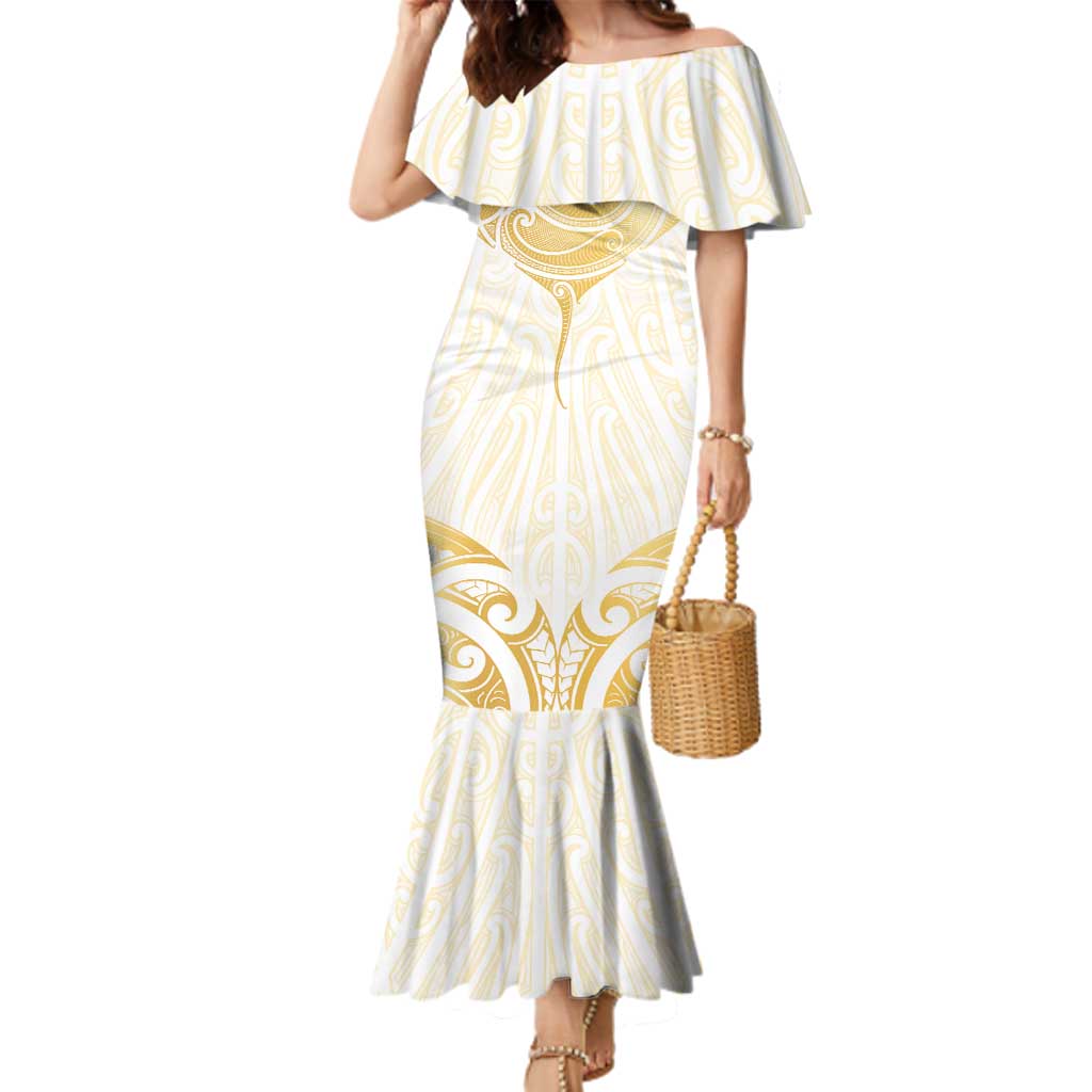 Gold White New Zealand Manta Ray Family Matching Mermaid Dress and Hawaiian Shirt Aotearoa Maori Haehae LT14 Mom's Dress White - Polynesian Pride
