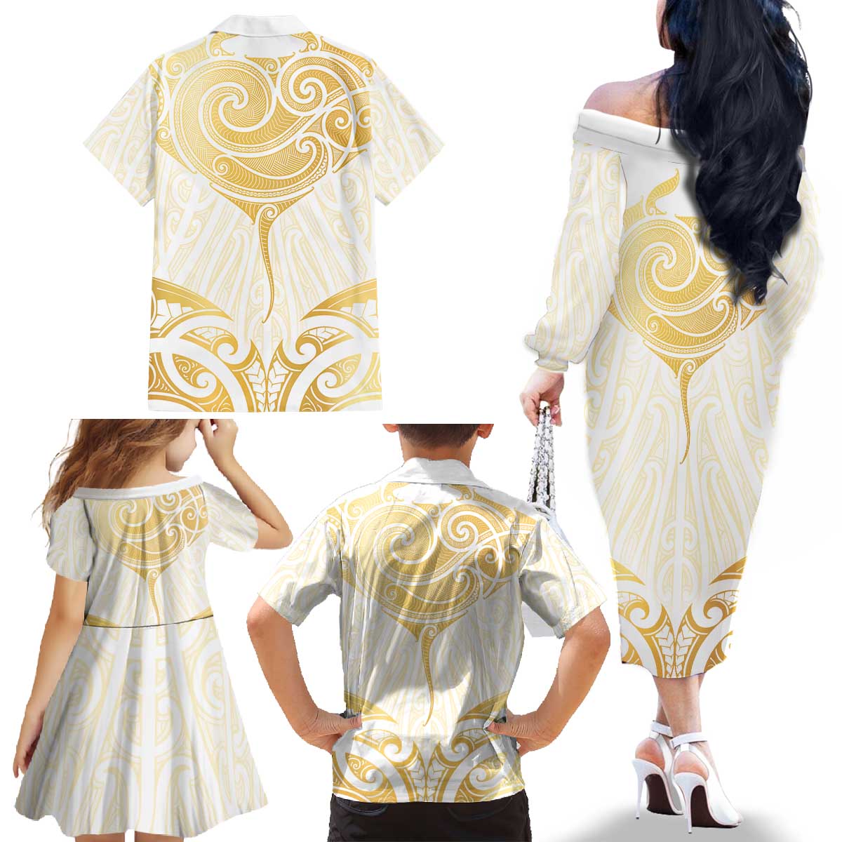 Gold White New Zealand Manta Ray Family Matching Off The Shoulder Long Sleeve Dress and Hawaiian Shirt Aotearoa Maori Haehae LT14 - Polynesian Pride
