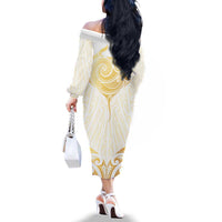 Gold White New Zealand Manta Ray Family Matching Off The Shoulder Long Sleeve Dress and Hawaiian Shirt Aotearoa Maori Haehae LT14 - Polynesian Pride