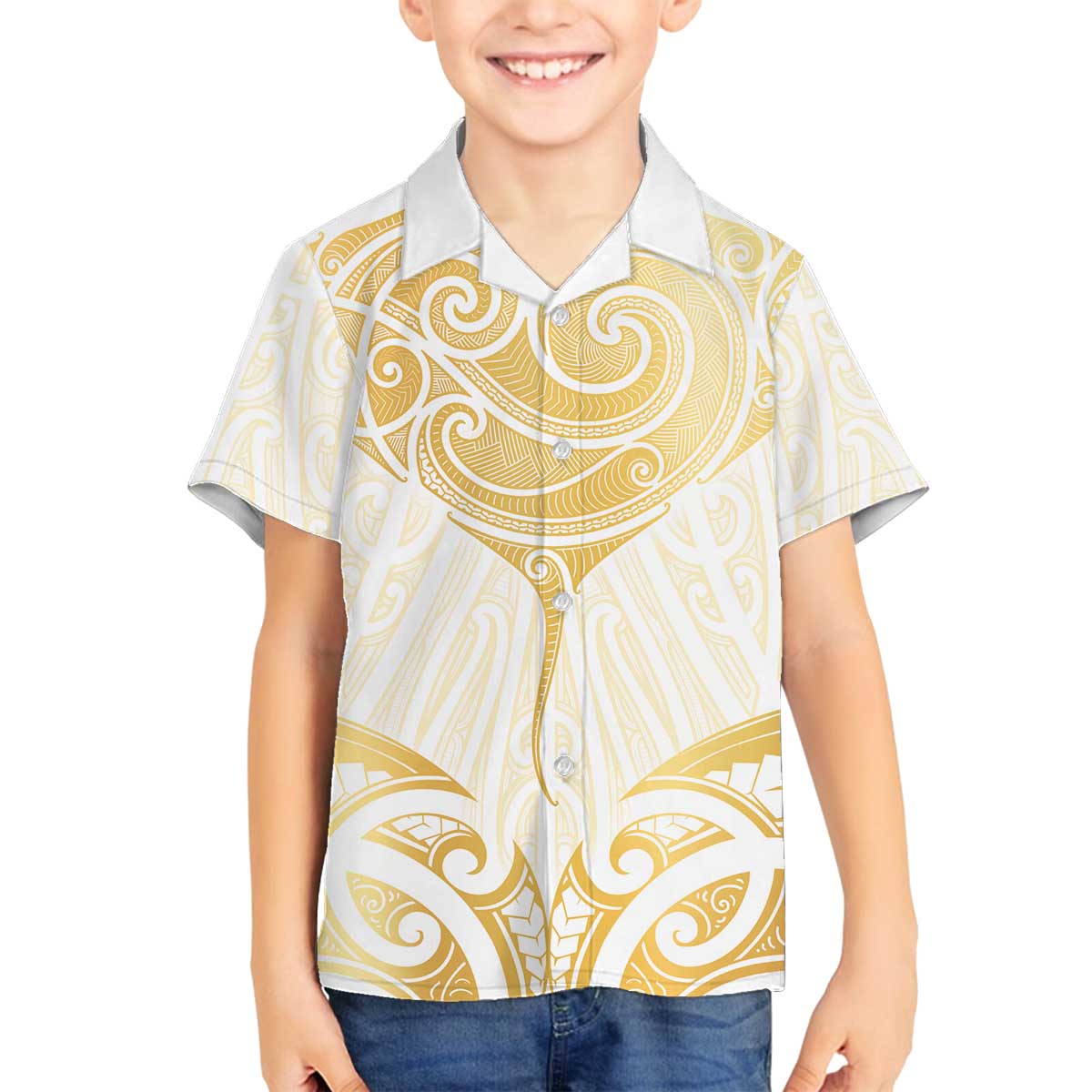 Gold White New Zealand Manta Ray Family Matching Off The Shoulder Long Sleeve Dress and Hawaiian Shirt Aotearoa Maori Haehae LT14 Son's Shirt White - Polynesian Pride
