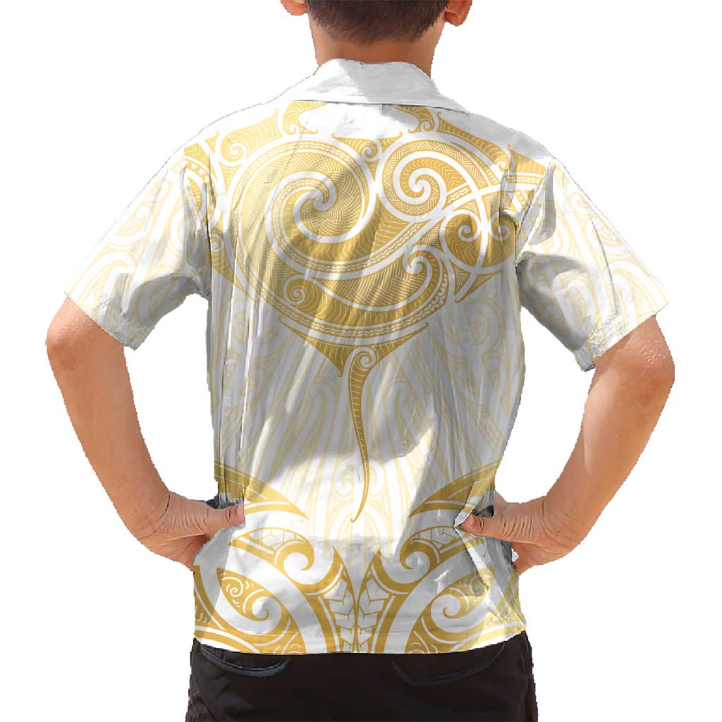 Gold White New Zealand Manta Ray Family Matching Off Shoulder Maxi Dress and Hawaiian Shirt Aotearoa Maori Haehae LT14 - Polynesian Pride