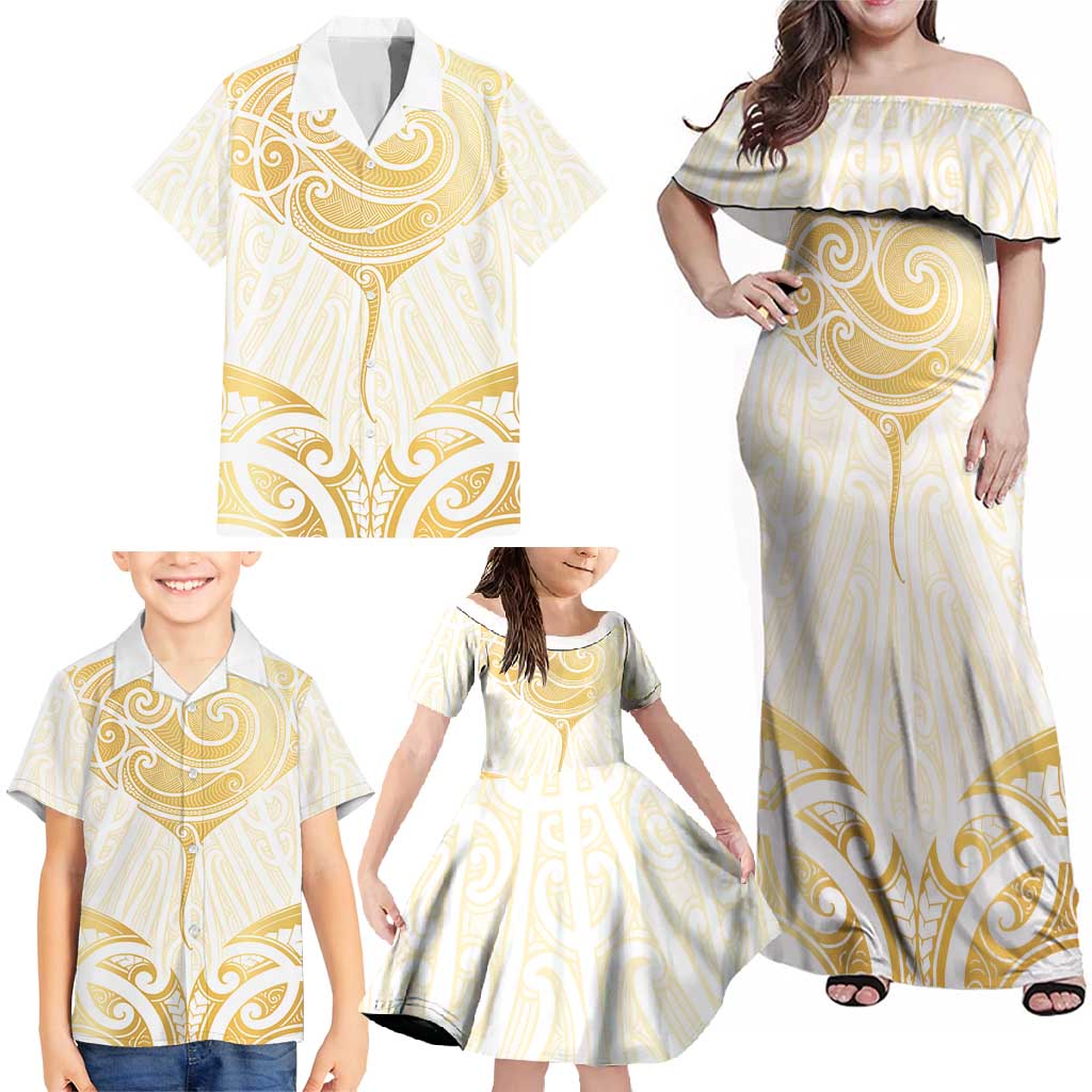 Gold White New Zealand Manta Ray Family Matching Off Shoulder Maxi Dress and Hawaiian Shirt Aotearoa Maori Haehae LT14 - Polynesian Pride
