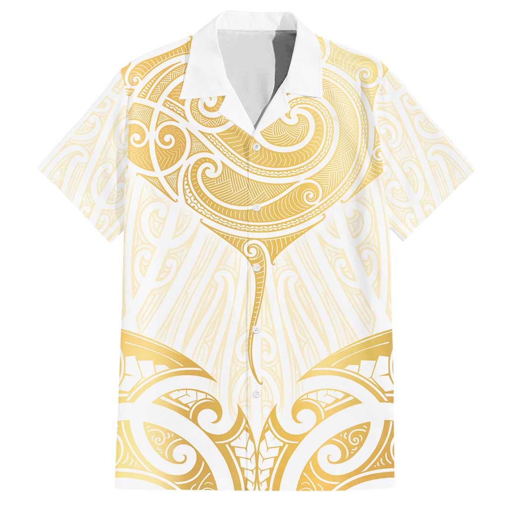 Gold White New Zealand Manta Ray Family Matching Off Shoulder Short Dress and Hawaiian Shirt Aotearoa Maori Haehae LT14 Dad's Shirt - Short Sleeve White - Polynesian Pride
